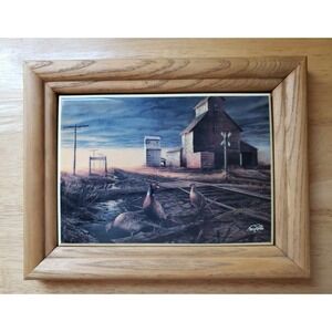 Terry Redlin Prairie Skyline Signed Framed Art Tile Oak Frame 9" x 7"